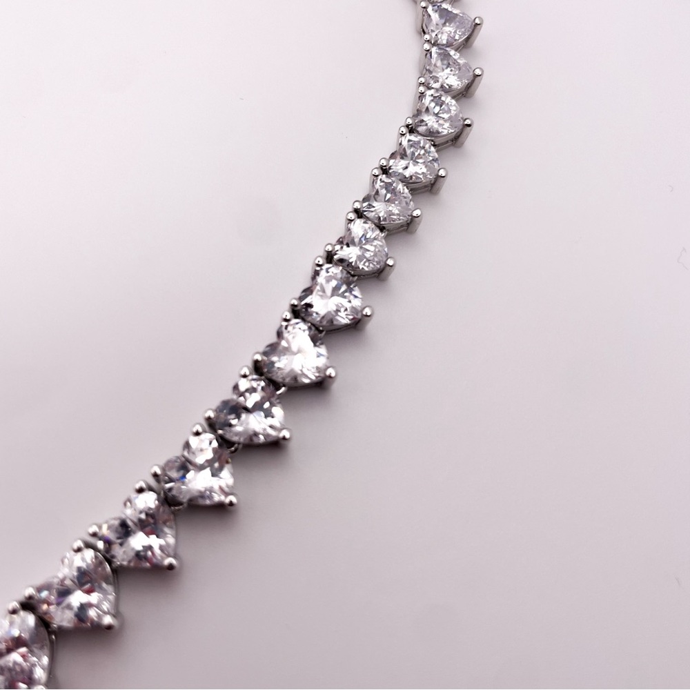Silver Toned Heart Shaped Cubic Zirconia Tennis Necklace. 22 Inches. - Picture 8 of 13